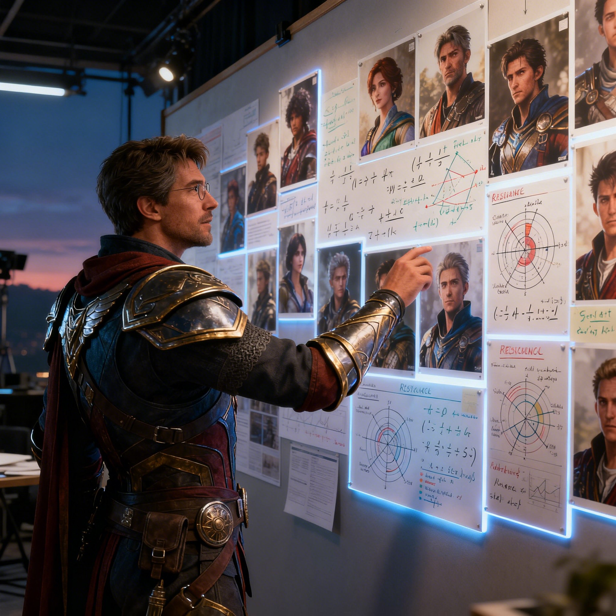 Character director reviewing layered 2D portrait boards that survive layoffs and AI shortcuts