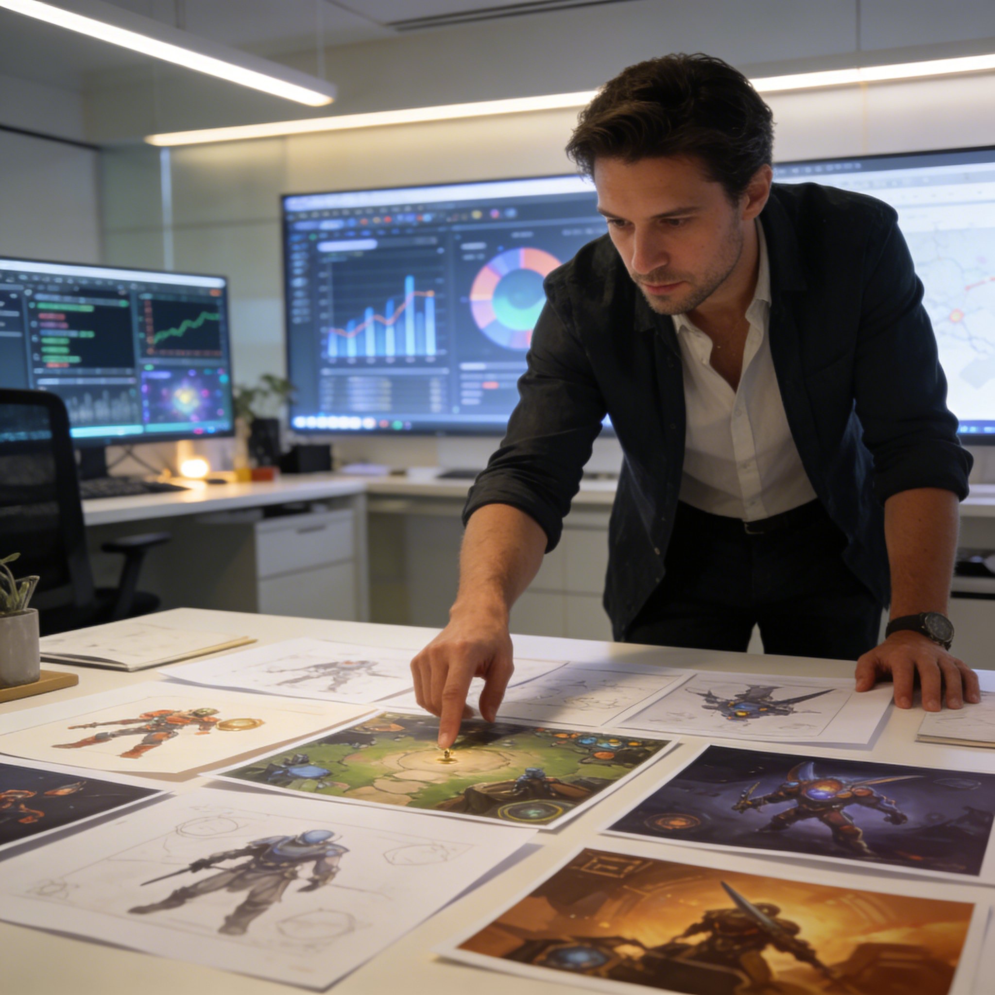 Minimal luxe campaign lab with layered pitch boards and procurement metrics hovering in the air