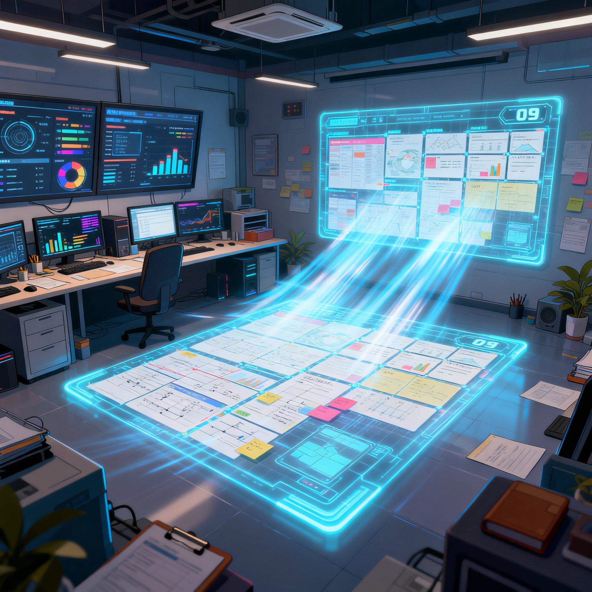 Producer war room with layered dashboards translating procurement controls into 2D art sprint decisions