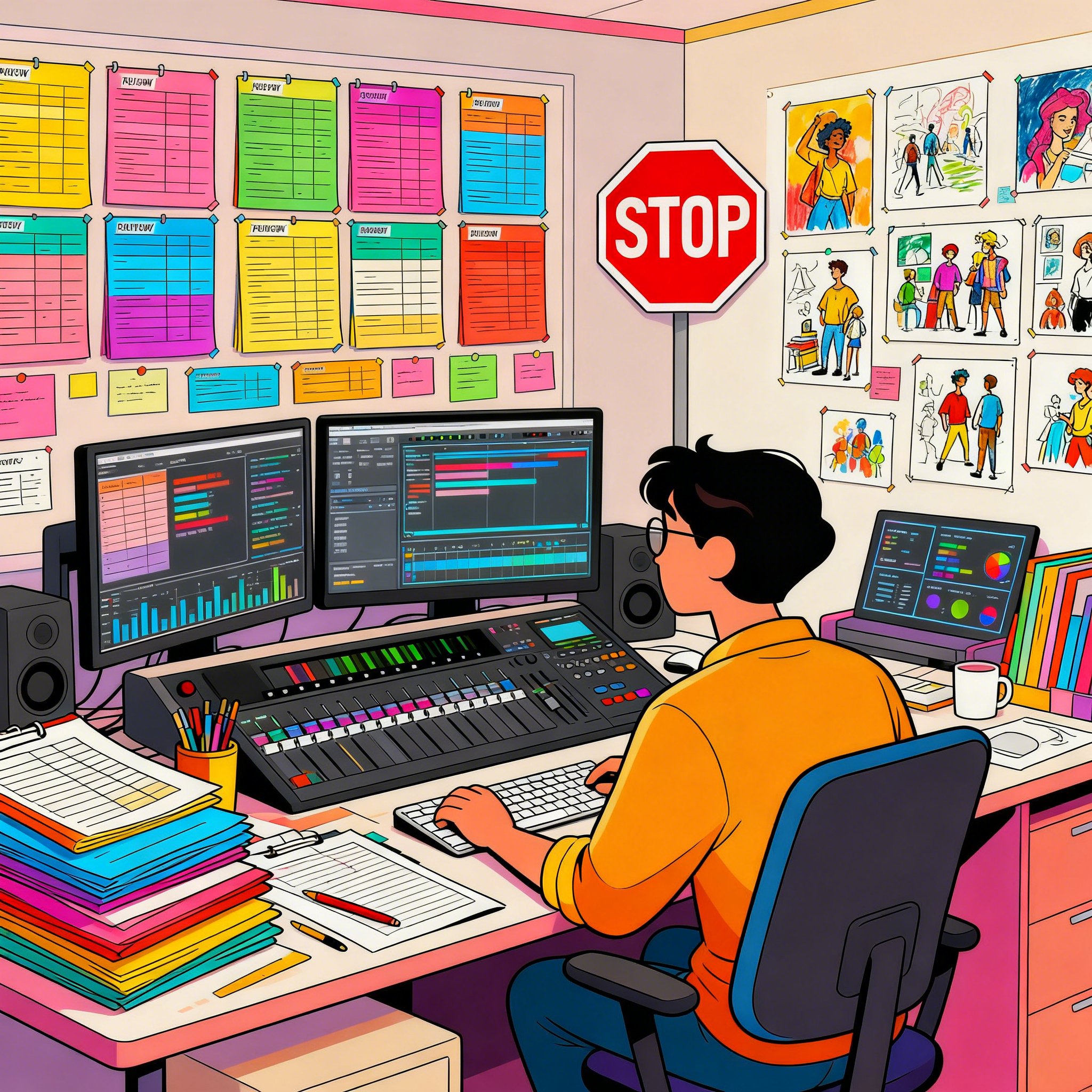 Bright cinematic illustration of an art director orchestrating a colorful stop-rights control room with layered 2D concept art dashboards