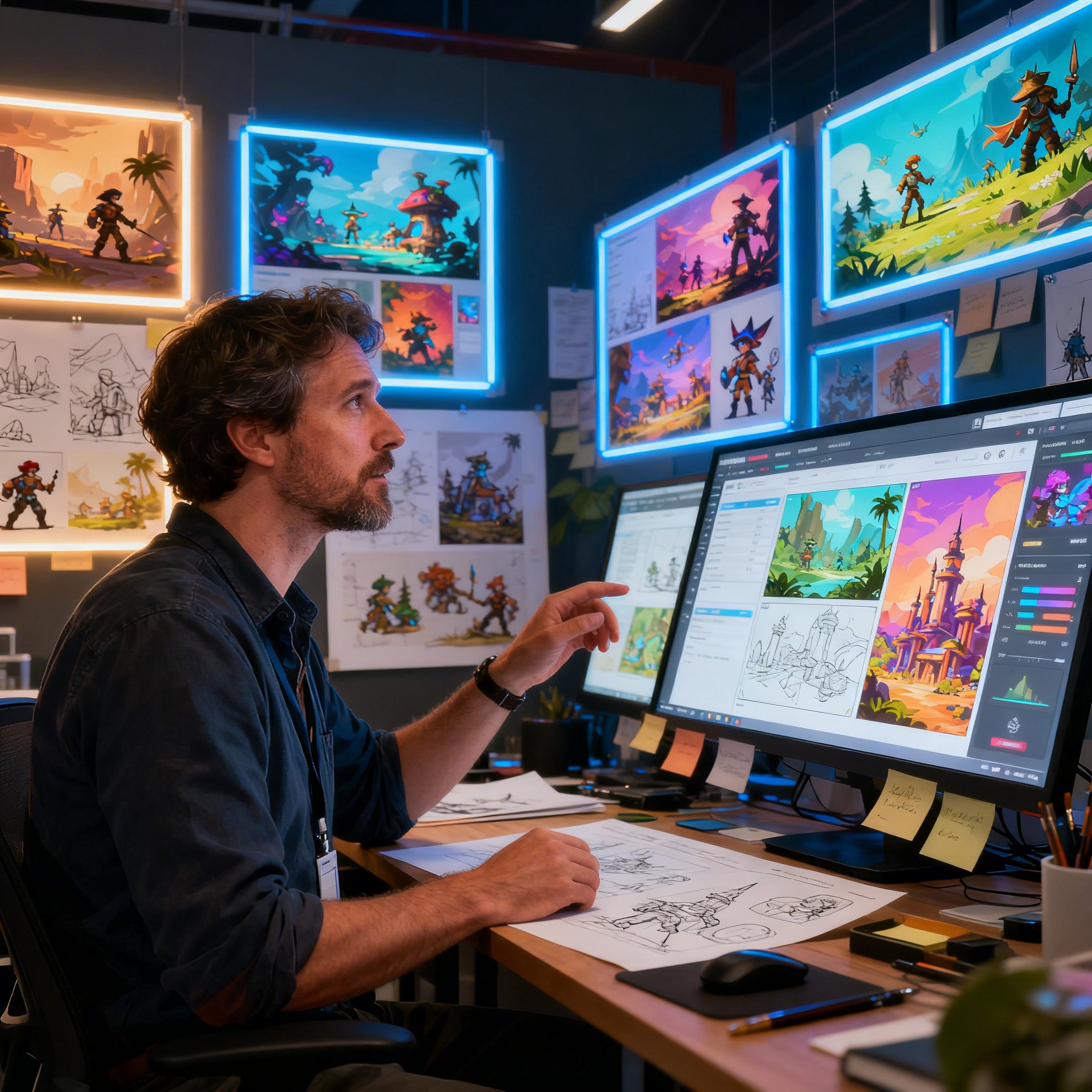 Indie prestige art studio control room with multi-region dashboards and annotated art boards