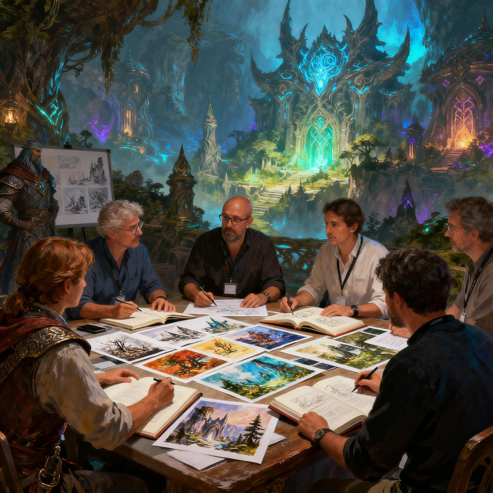 Production team reviewing revision governance framework with concept art boards