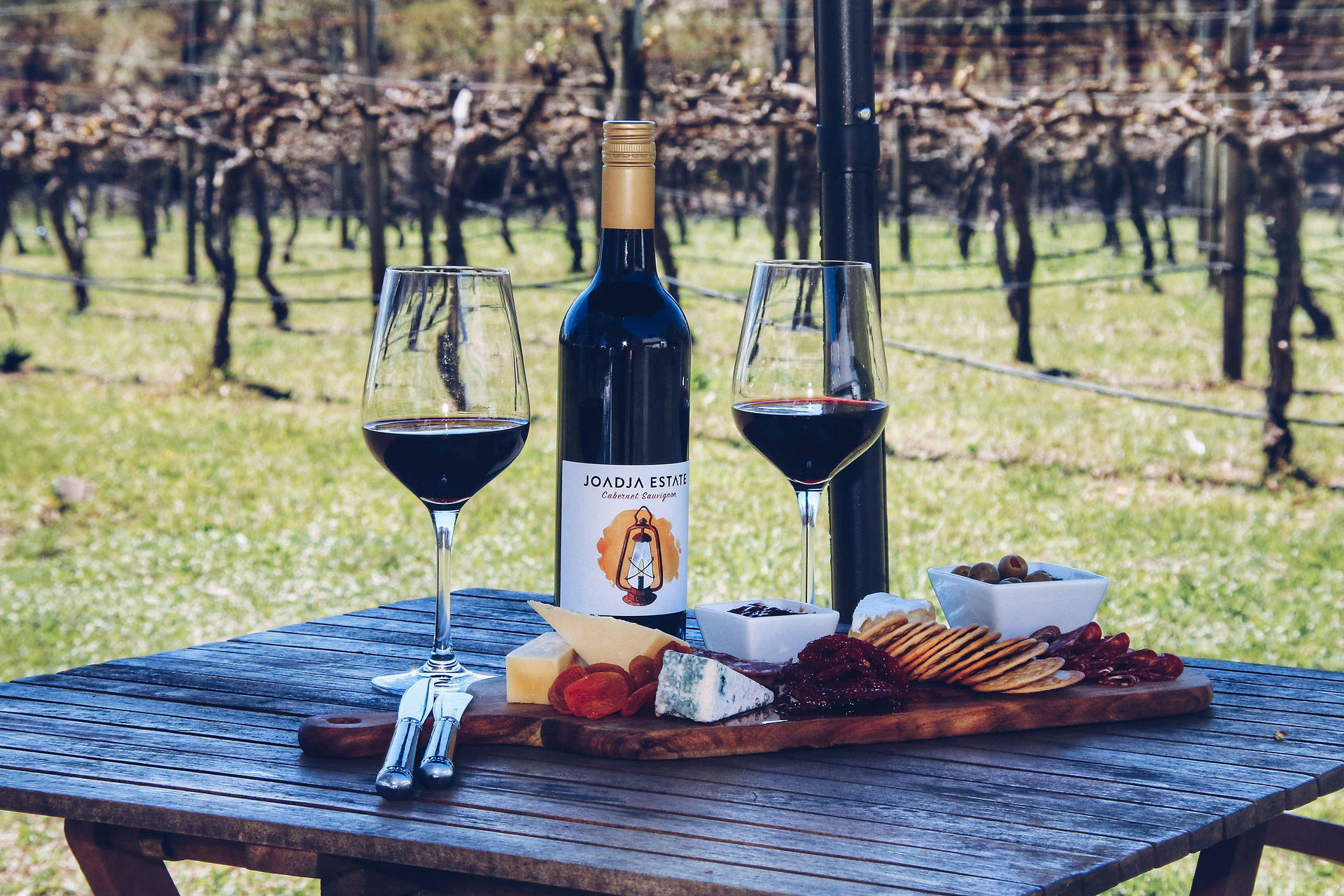 Joadja Estate Cheese board and wine