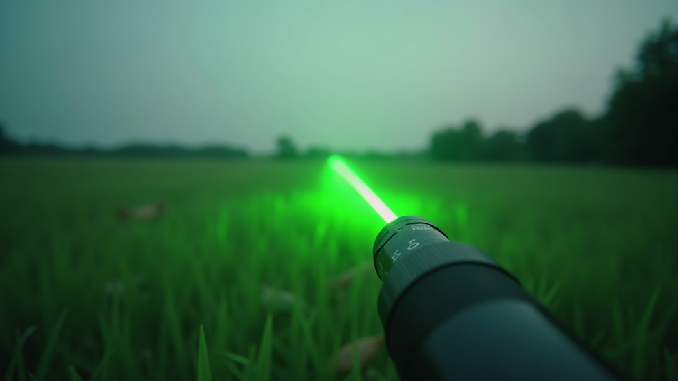 Eye-level view of a green laser pointer beam directed at an open field