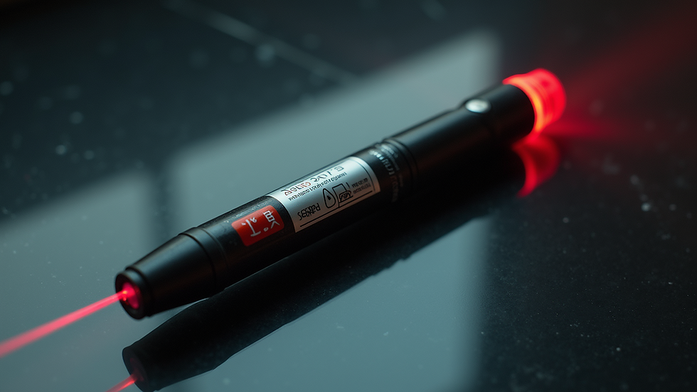 High angle view of a laser pointer with safety warning labels