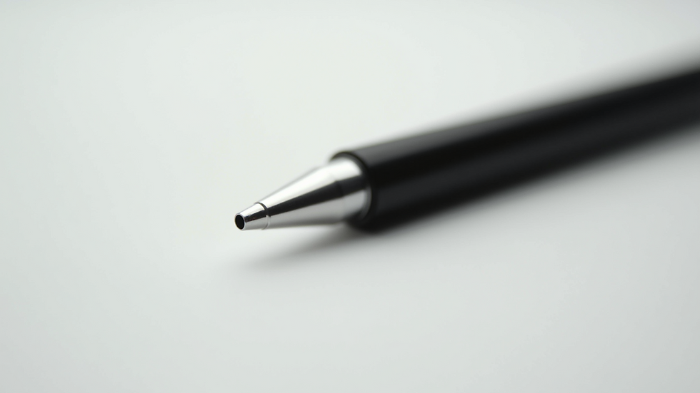 Close-up view of a sleek black laser pointer on a white background