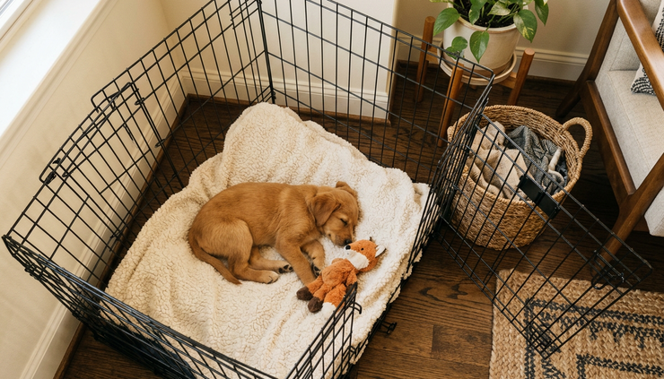 Overhead view of a puppy resting in a crate with a soft blanket and toy.
