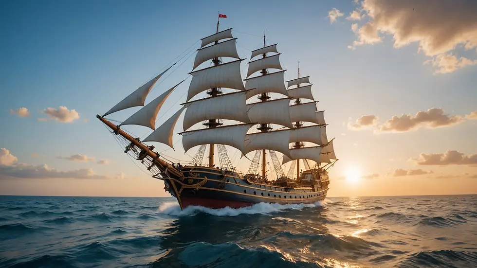 Wide angle view of the Thousand Sunny Ship sailing through the ocean