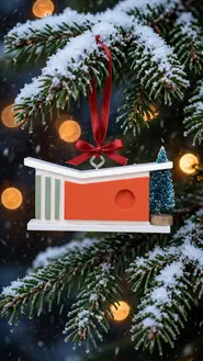 Handmade mid-century modern birdhouse Christmas ornament hanging on a snowy Christmas tree