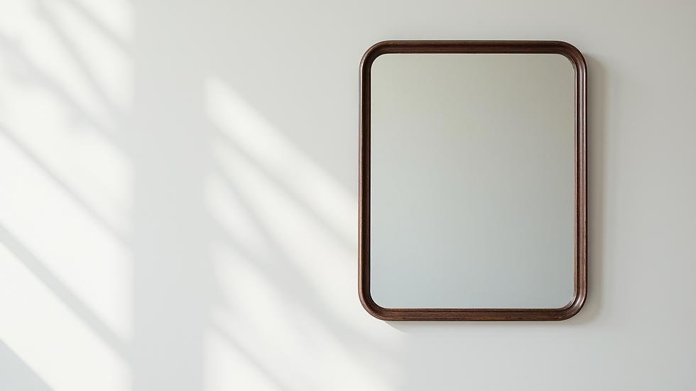 Close-up view of a rectangular metal-framed decorative wall mirror on a white wall
