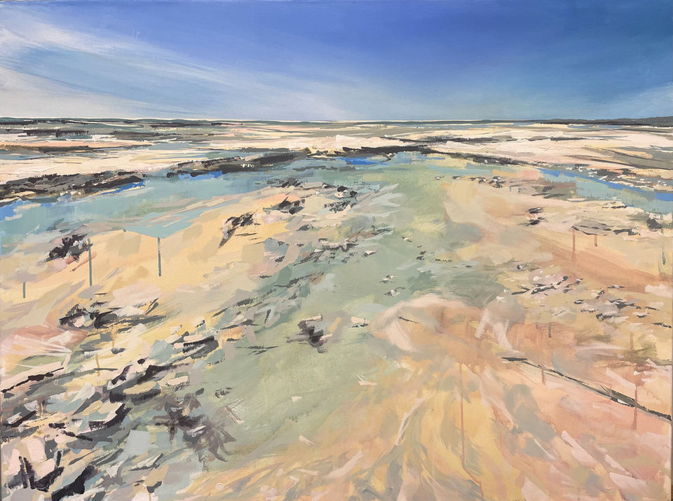 Original calm coastal abstract acrylic on canvas painting by Kylie Wright Low tide Atlantic French coastline.