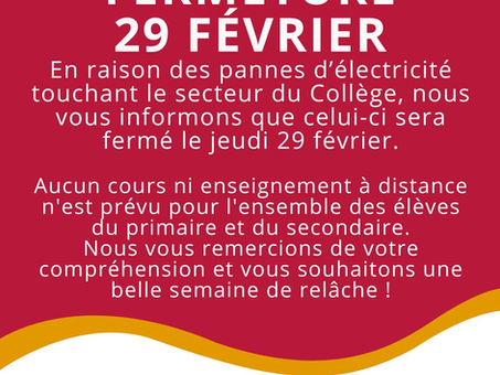Fermeture du Collège - 29 février
