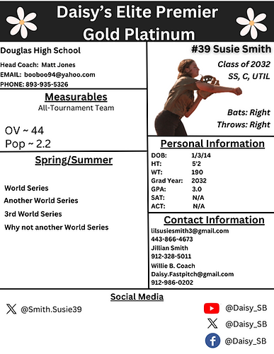 Recruiting profile sheet for softball player