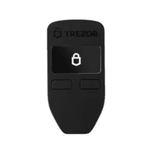 Black Trezor device with the word TREZOR and a lock symbol, QuickBit.