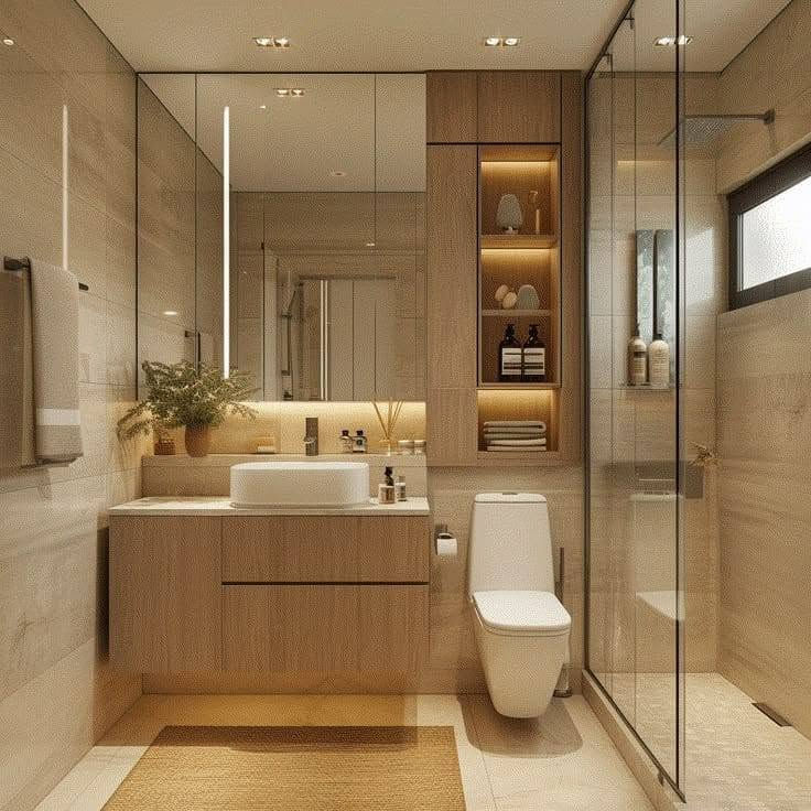 Modern beige bathroom with wood vanity, round sink, toilet, glass shower, lit shelves, and a small plant.