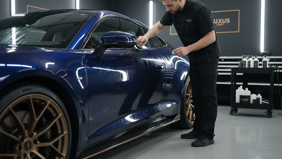 Eye-level view of a professional detailer applying ceramic coating to a car door