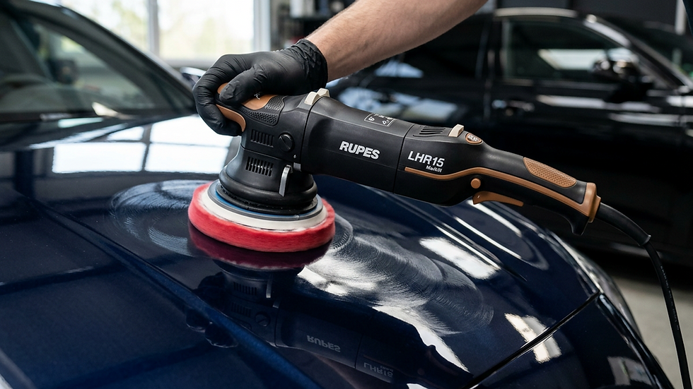 Close-up view of a dual-action polisher on a glossy car hood