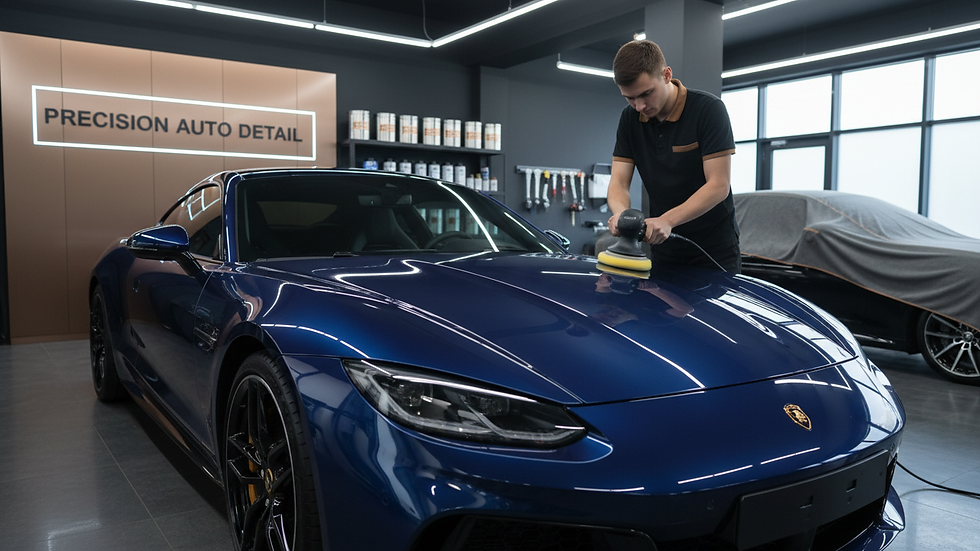 Eye-level view of a car being polished in a professional detailing shop