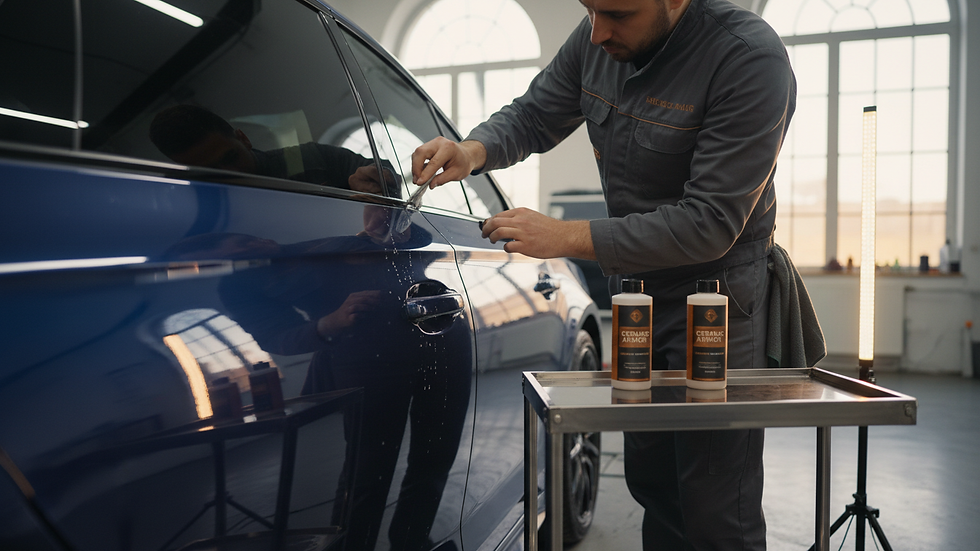 Eye-level view of a professional detailer applying ceramic coating to a car door