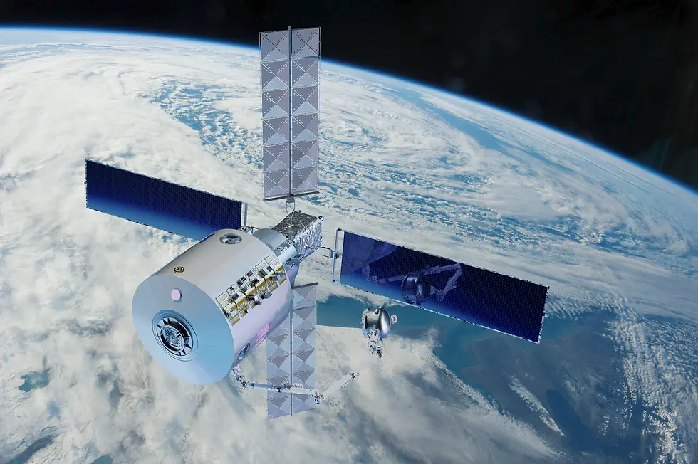 Space station with solar panels orbiting Earth, set against a backdrop of swirling white clouds and blue ocean. Tranquil and futuristic.