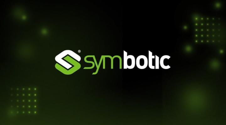 Green Symbotic logo on a black background, featuring a stylized 'S' and the word "symbotic" with glowing green dots in the corners.