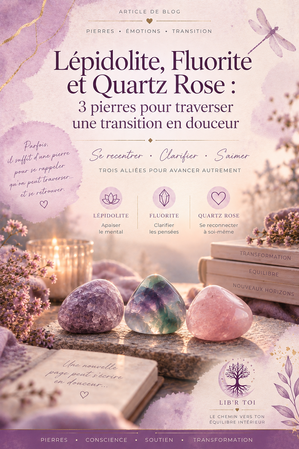 Lépidolite, Fluorite et Quartz Rose : 3 pierres pour traverser une transition en douceur