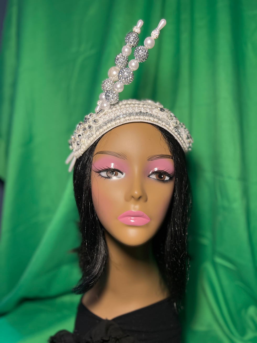 Thumbnail: White Pearl and Rhinestone Headband w/Double Hatpin