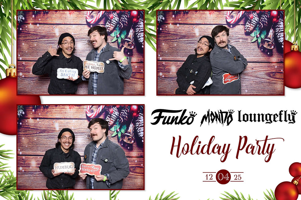 Two men pose playfully with holiday-themed signs at a festive party backdrop. Funko Mondo Loungefly Holiday Party text is visible.