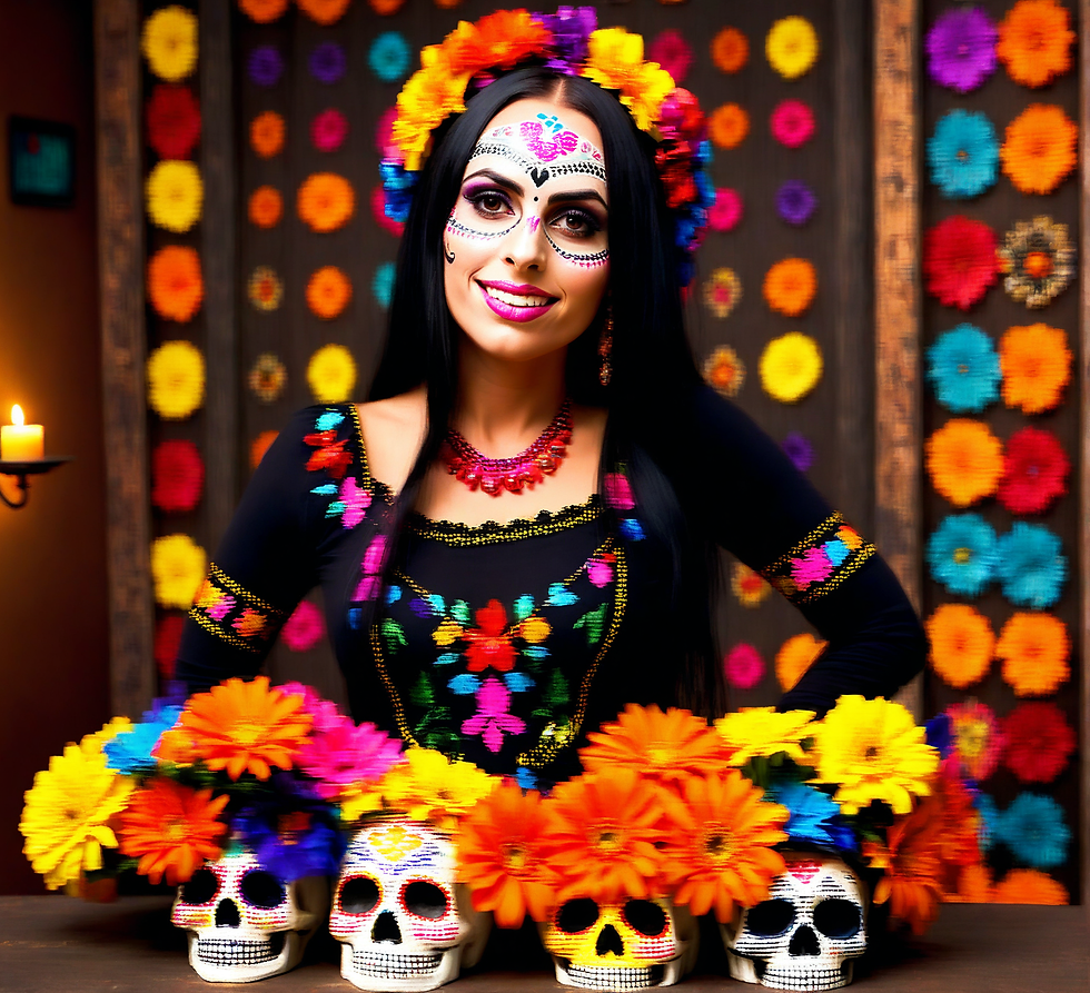 Woman in colorful Day of the Dead makeup, floral headdress, and dress, smiling with decorated skulls and marigolds on a vibrant background.
