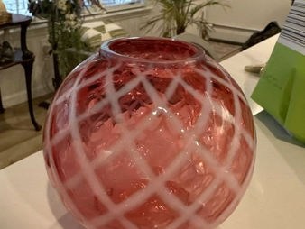 Vintage Fenton Cranberry Diamond Optic Ivy Ball – Handblown Red Glass Decor with Optic Pattern and Ivy Motif