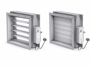 Motorised fire and smoke dampers shown in open and closed positions for use in commercial HVAC and ventilation systems.