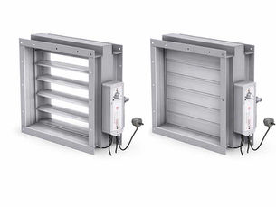 Motorised fire and smoke dampers shown in open and closed positions for use in commercial HVAC and ventilation systems.