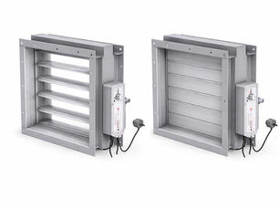 Motorised fire and smoke dampers shown in open and closed positions for use in commercial HVAC and ventilation systems.