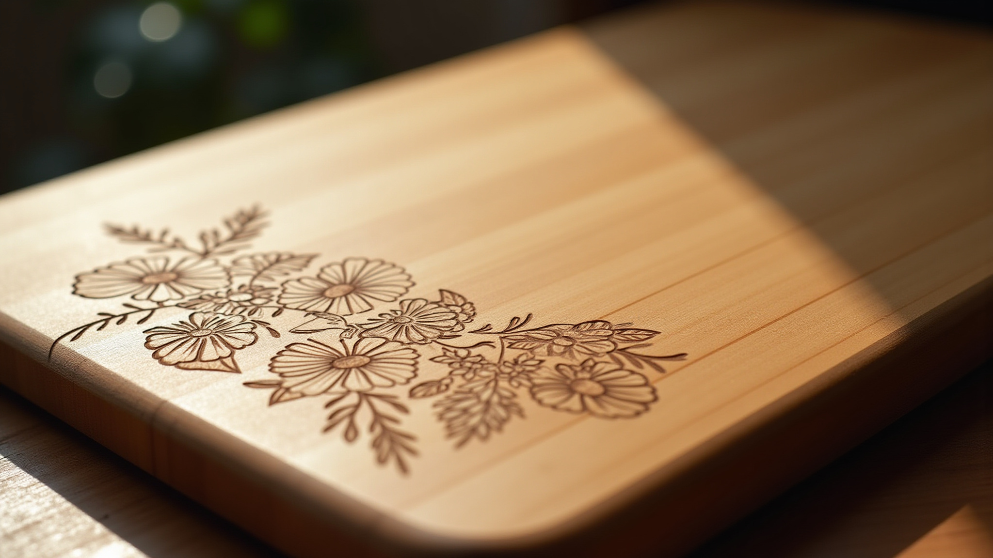Floral design engraved on a wooden cutting board with soft sunlight.