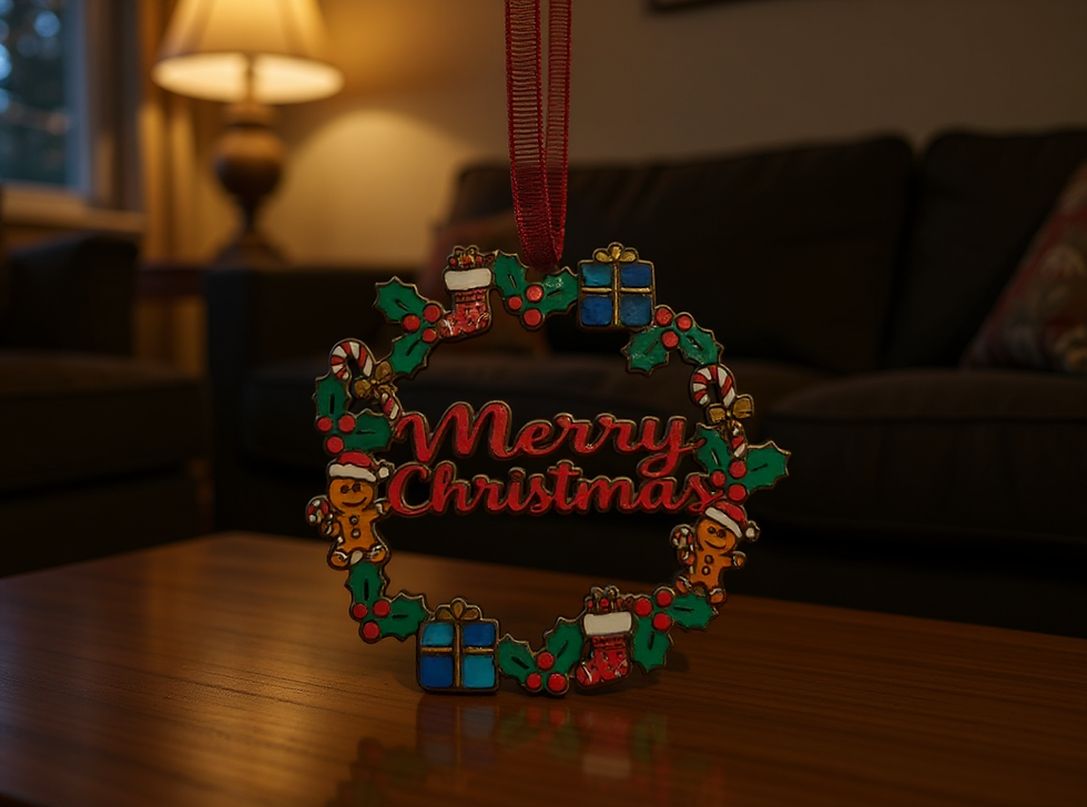 Christmas hanging ornament in the style of a Christmas wreath with the words Merry Christmas through the middle, on a table. 