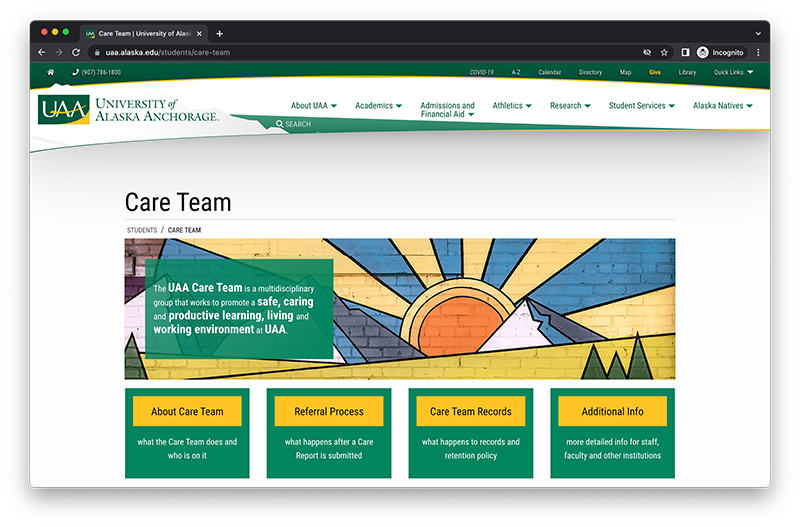 Screen shot of the index page for the UAA Care Team.