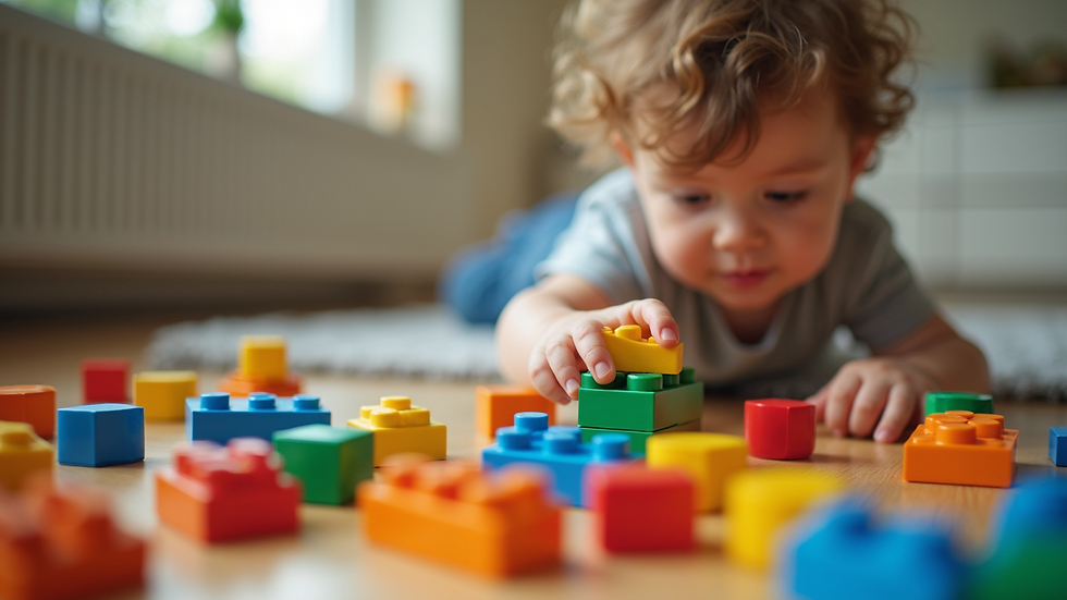 Close-up view of a child playing with colorful building blocks