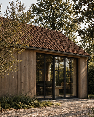 Houten bijgebouw met rustieke afwerking.