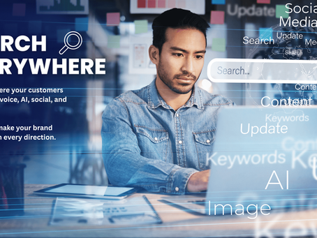 A man using a laptop to do all kinds of searches - searches with AI, search on social media, for images and many other searches. The title says "Search Everywhere" and a sentence reads: Be found where your customers are looking - voice, AI, social and beyond. It's time to make your brand searchable in every direction.