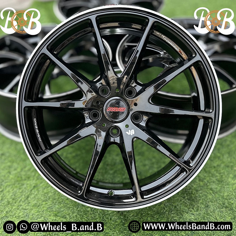 Shiny black car wheel. Text reads BB and wheels B and B.