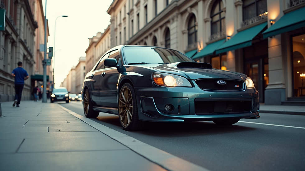 Eye-level view of a car with custom 22-inch wheels parked on a city street