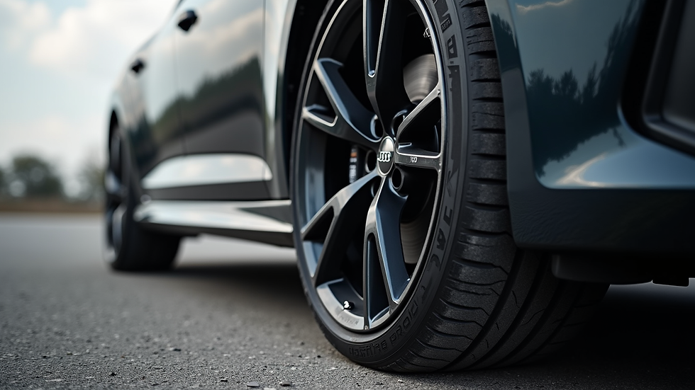 Eye-level view of an Audi car wheel fitted with a high-performance tire