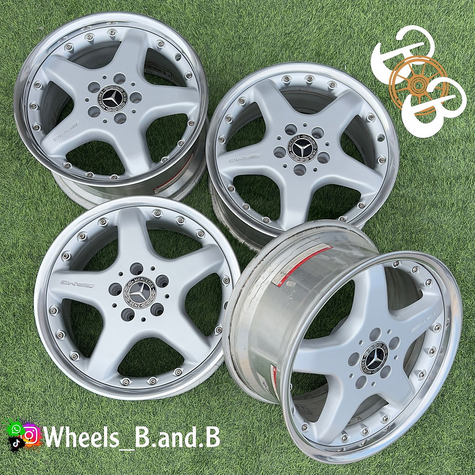 Four silver wheels with visible text AMG CLK55 (W203) and Wheels B and B.