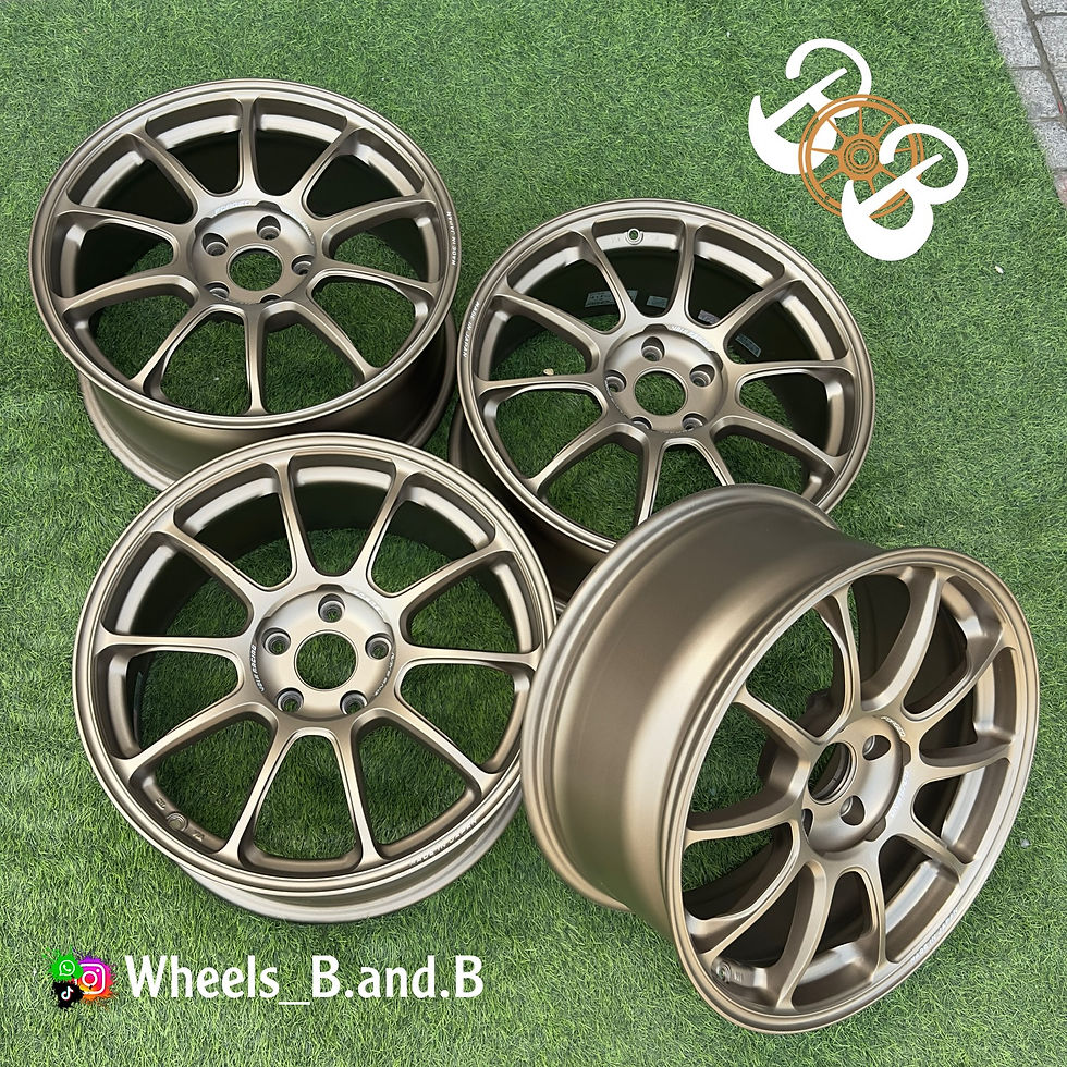Four bronze alloy wheels, text Wheels B and B, on green surface. wheels B and B