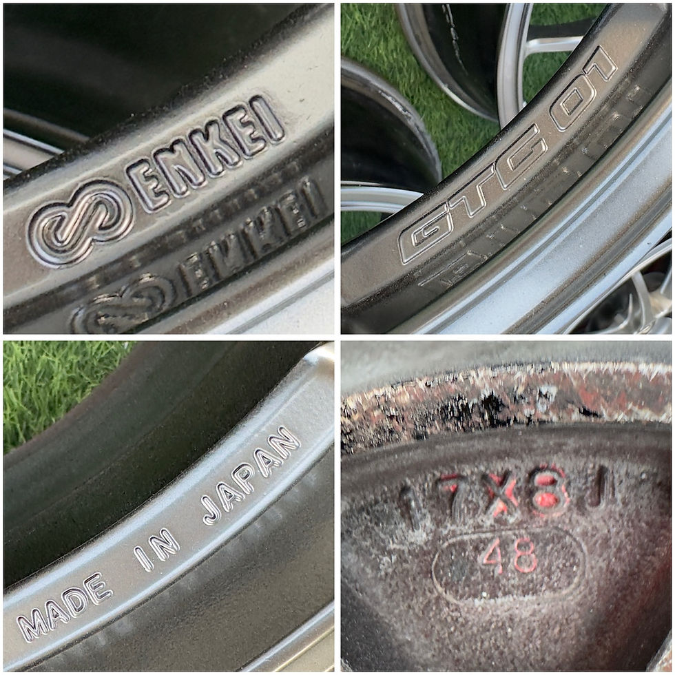 Thumbnail: Close up of ENKEI, MADE IN JAPAN wheels and 7X18 markings, ENKEI RSM9 wheels B and B