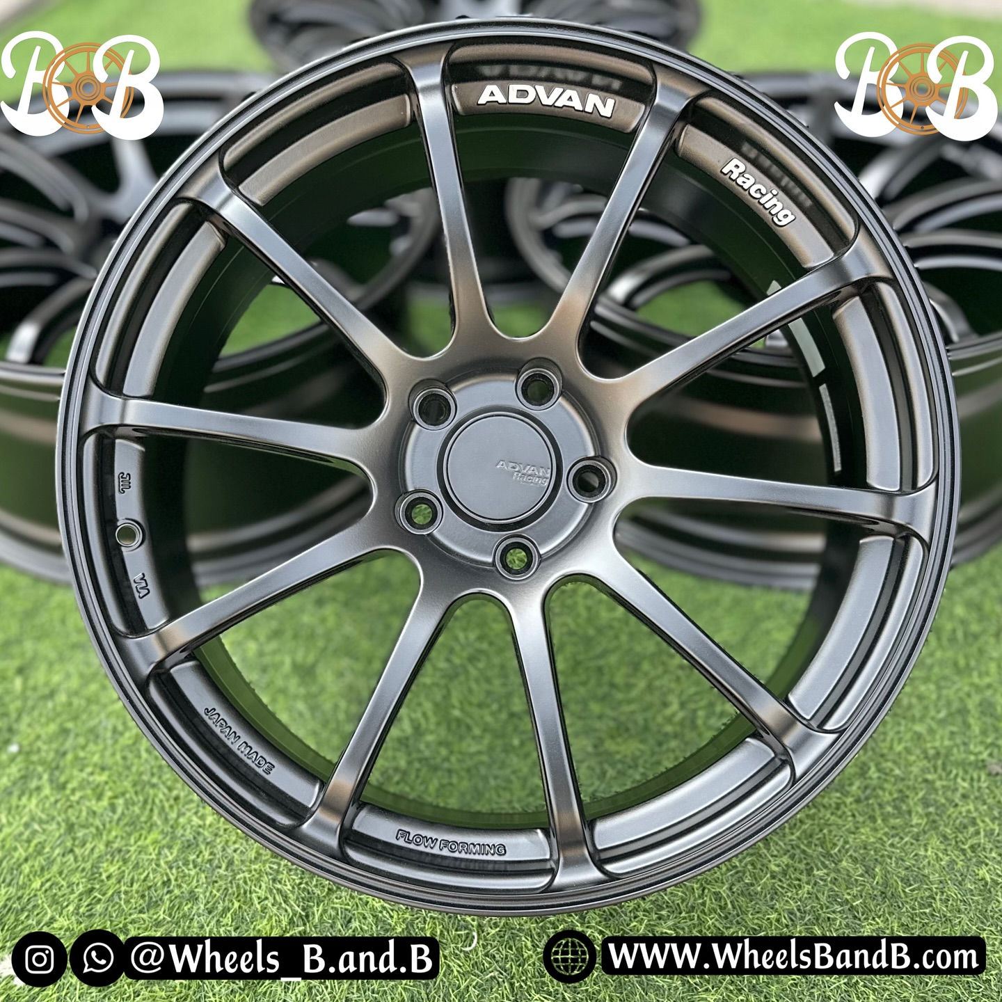 ADVAN wheels, B and B text, ADVAN RACING RS2R on a green base with more wheels B and B.