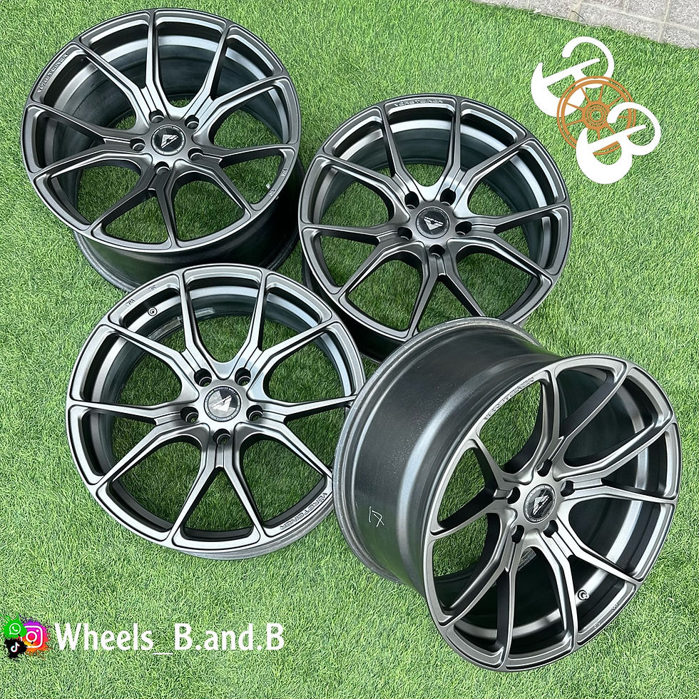 Four gray wheels on green grass with Wheels_B.and.B text wheels B and B