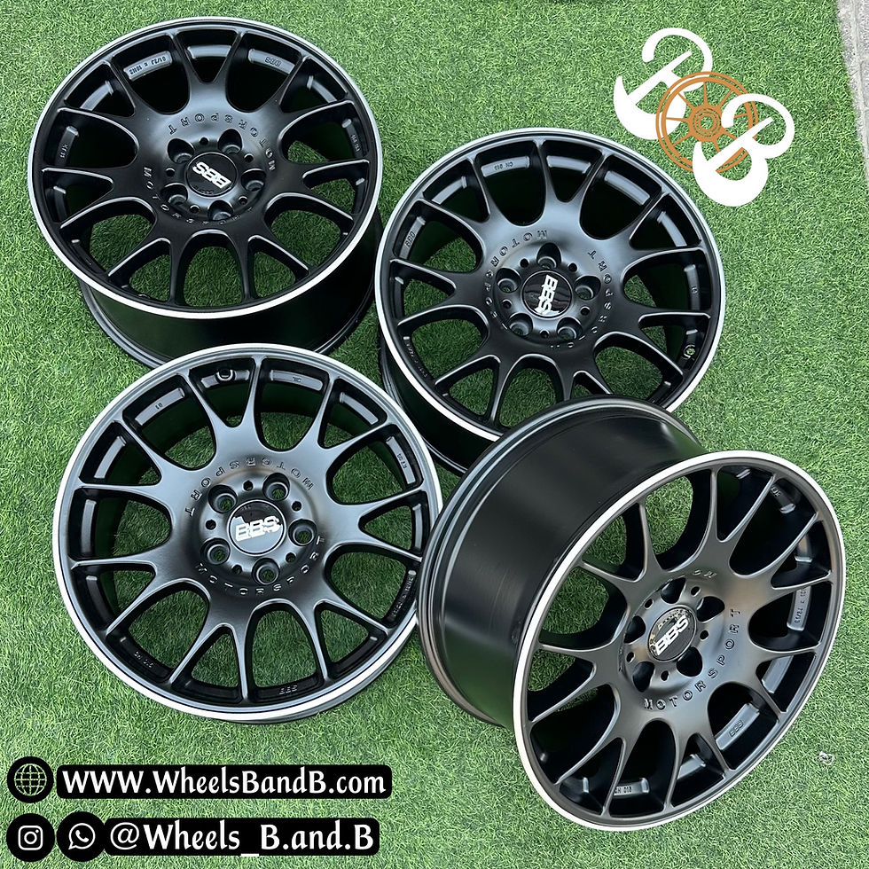 Four black wheels with white border, Wheels B and B brand, www.wheelsBandB.com