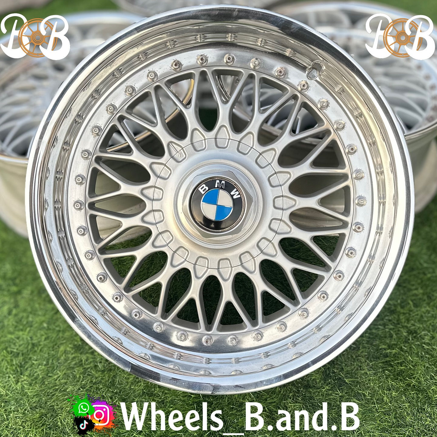 Silver BMW wheel with the logo and Wheels B.and.B text wheels B and B