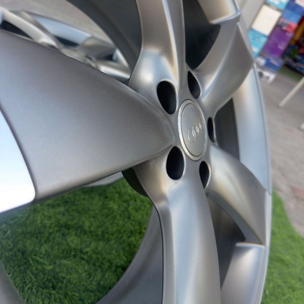 Thumbnail: Close-up of a gray Audi wheel, Audi logo visible, showcasing wheels B and B.